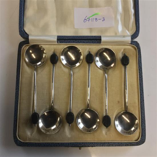 Cased set of 6 Art Deco and enamel coffee bean spoons